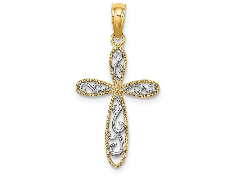 FJC Finejewelers 14k Yellow Gold with Rhodium Polished Filigree Millgrain Cross Charm