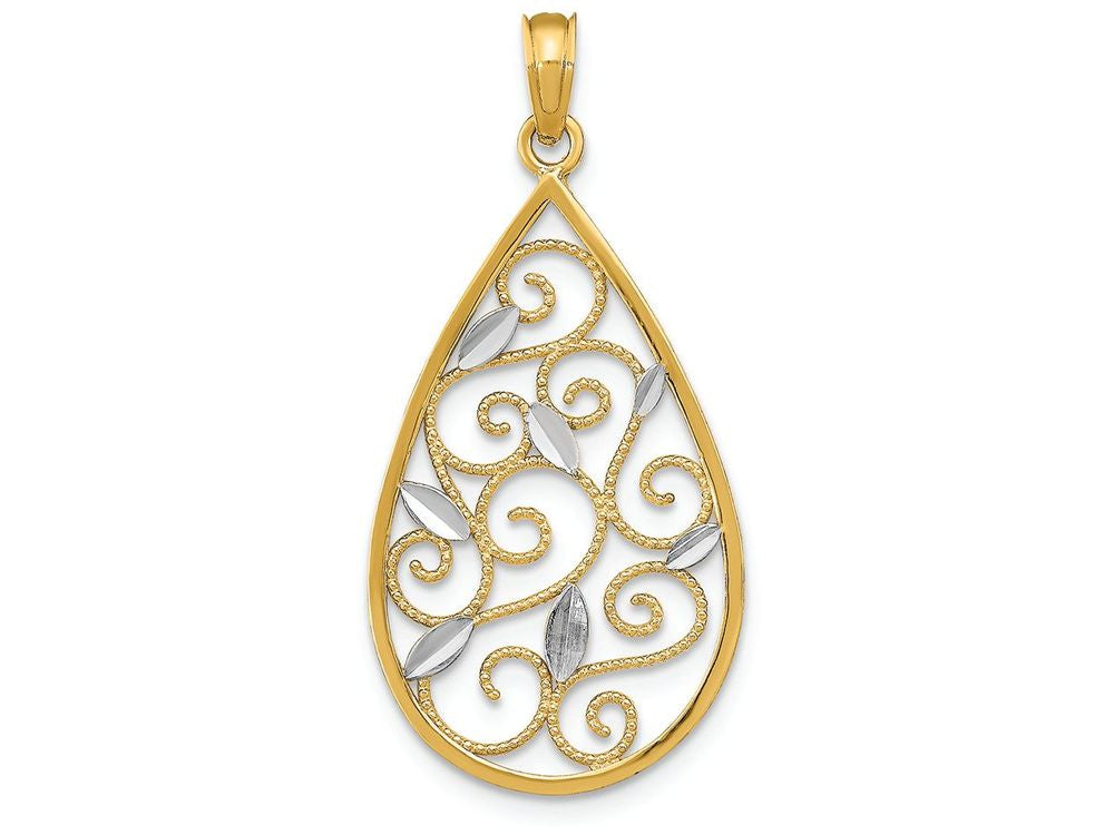 FJC Finejewelers 14k Two-tone Gold Teardrop with Beaded Filigree White Bright Cut Leaves Charm