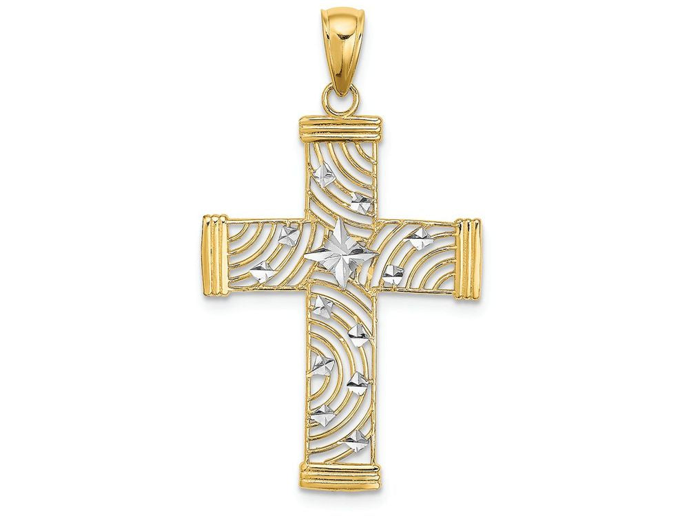 FJC Finejewelers 14k Yellow Gold with with Rhodium Square Cross with Mulit-lines Bright Cut Accent Center Charm