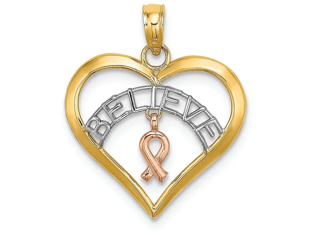FJC Finejewelers 14k Two-tone Gold White Belive In Heart with Pink Dangling Ribbon - Breast Cancer Charm