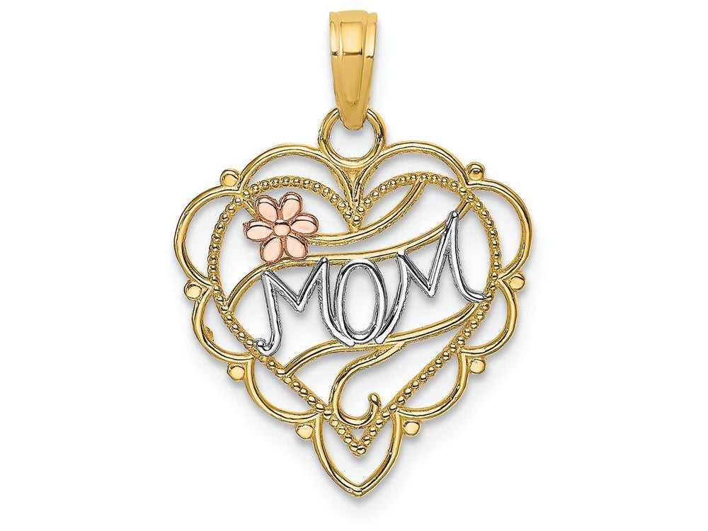 FJC Finejewelers 14k Two-tone Gold White Mom On Scallop Heart with Pink Flower Charm
