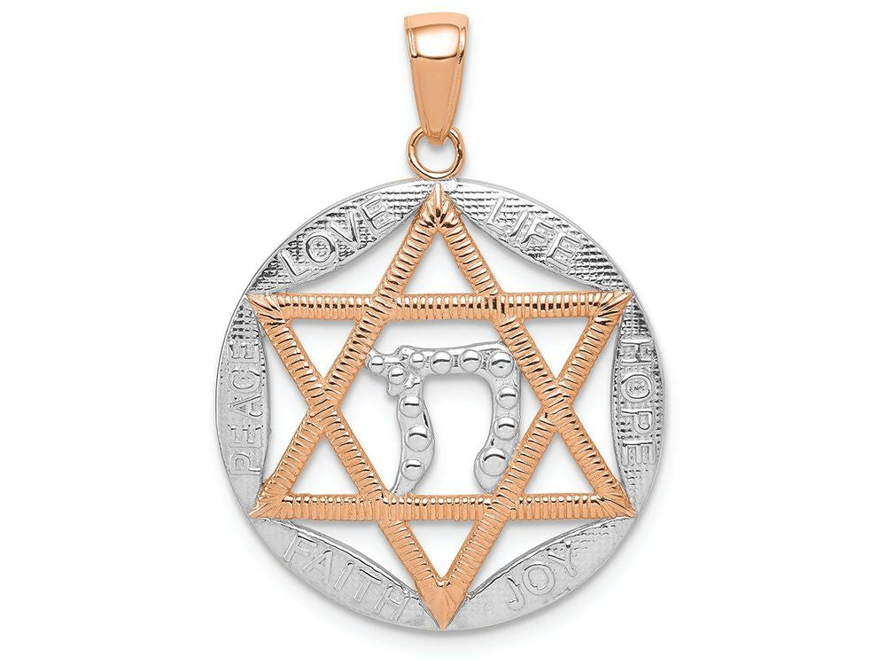 FJC Finejewelers 14k Rose Gold with Rhodium Polished Jewish Star with Chai In Round Charm