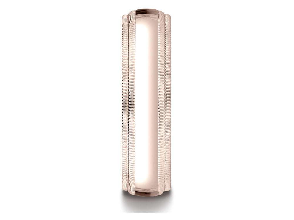 Benchmark 14k Rose Gold 6mm Slightly Domed Standard Comfort-fit Wedding Band / Ring With Double Milgrain