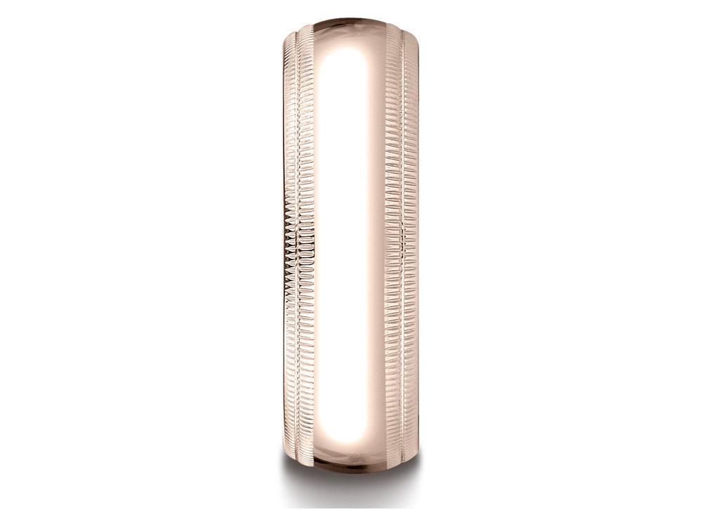 Benchmark 14k Rose Gold 7mm Slightly Domed Standard Comfort-fit Wedding Band / Ring With Double Milgrain