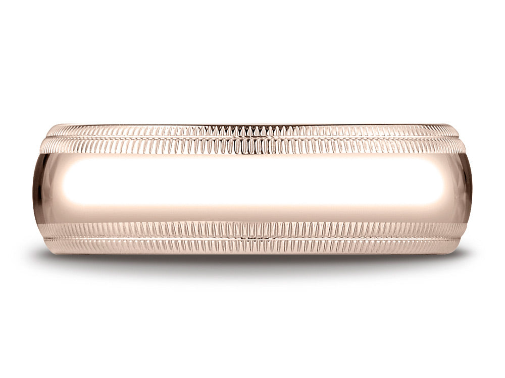 Benchmark 14k Rose Gold 7mm Slightly Domed Standard Comfort-fit Wedding Band / Ring With Double Milgrain