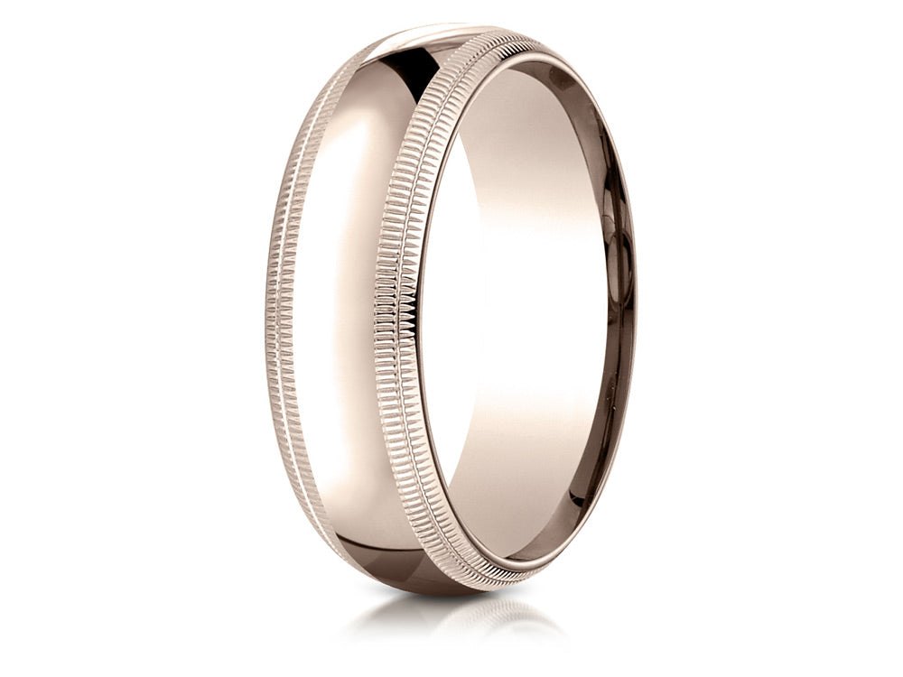 Benchmark 14k Rose Gold 7mm Slightly Domed Standard Comfort-fit Wedding Band / Ring With Double Milgrain
