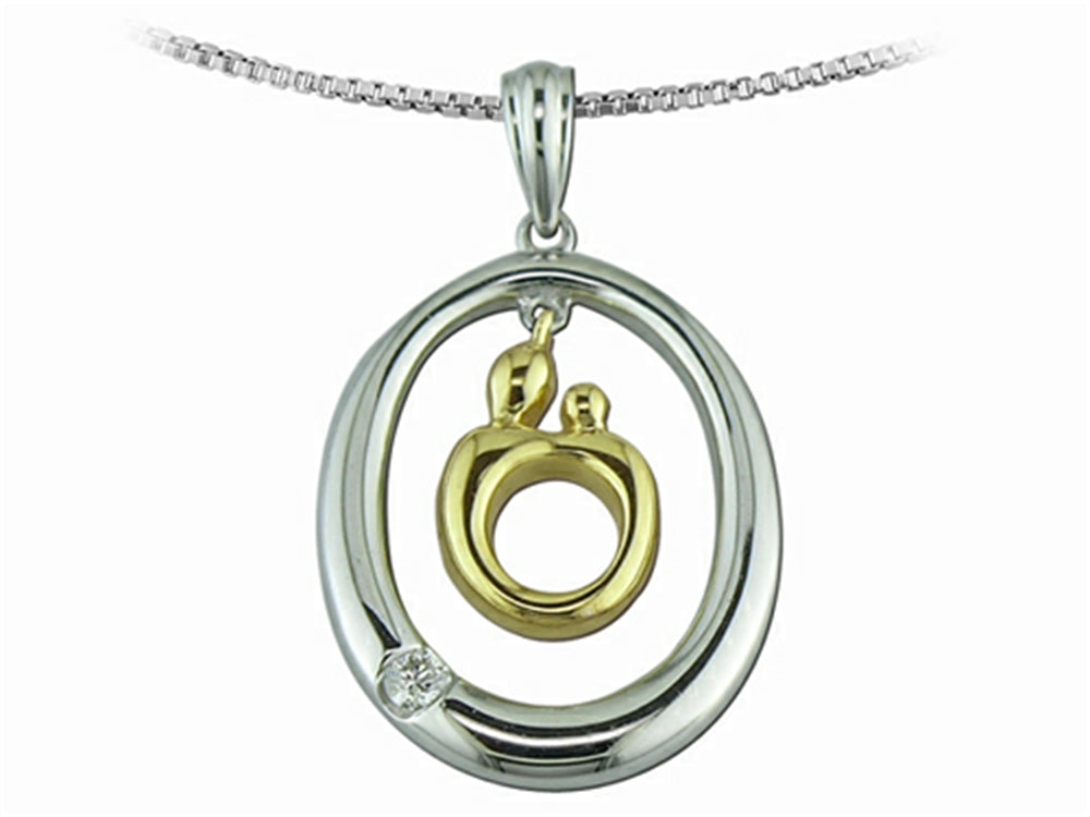 Mother and Child Sterling Silver Oval Pendant Necklace and 14k Yellow Gold Charm by Janel Russell