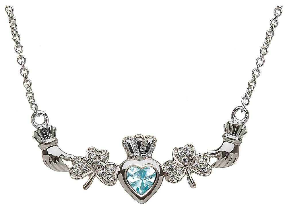 ShanOre Claddagh Shamrock Design with 5mm Simulated Aquamarine (CZ) Heart Pendant Necklace