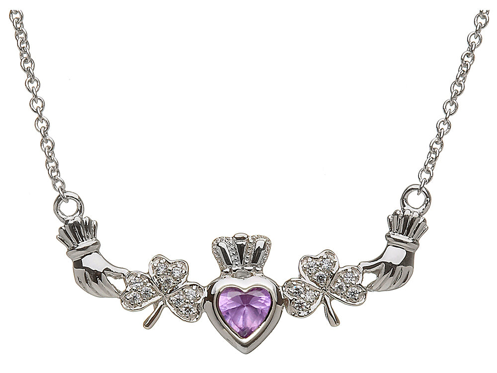 ShanOre Claddagh Shamrock Design with 5mm Simulated Alexandrite (CZ) Heart Pendant Necklace