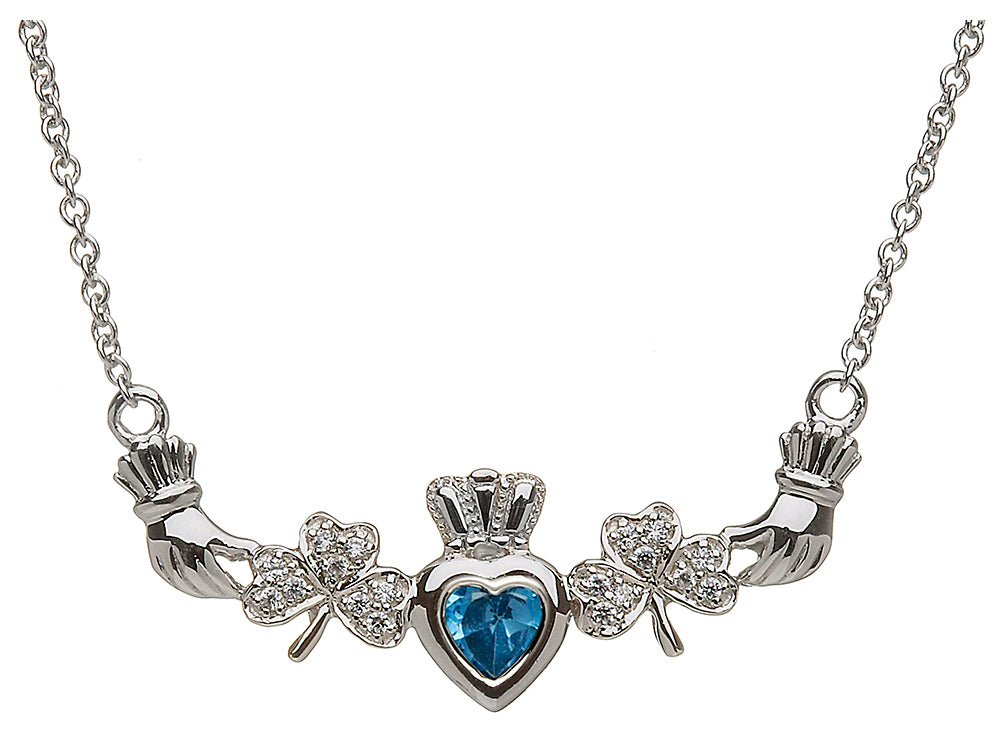 ShanOre Claddagh Shamrock Design with 5mm Simulated Blue Topaz (CZ) Heart Pendant Necklace