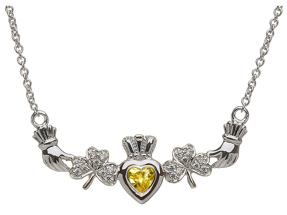 ShanOre Claddagh Shamrock Design with 5mm Simulated Citrine (CZ) Heart Pendant Necklace