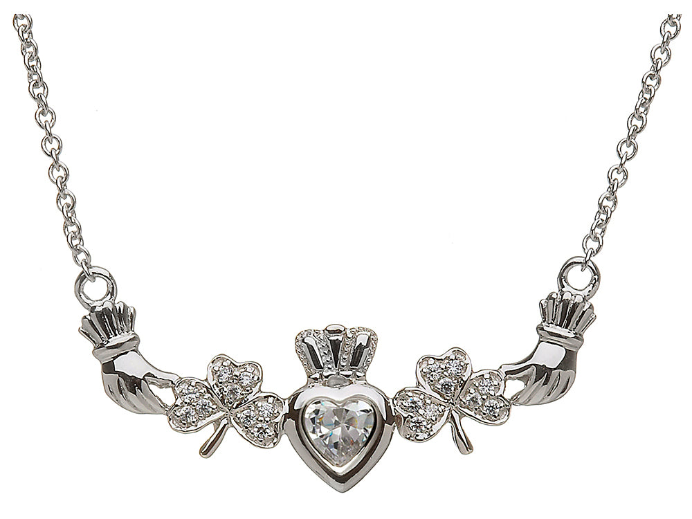 ShanOre Claddagh Shamrock Design with 5mm Cubic Zirconia (CZ) Heart Pendant Necklace