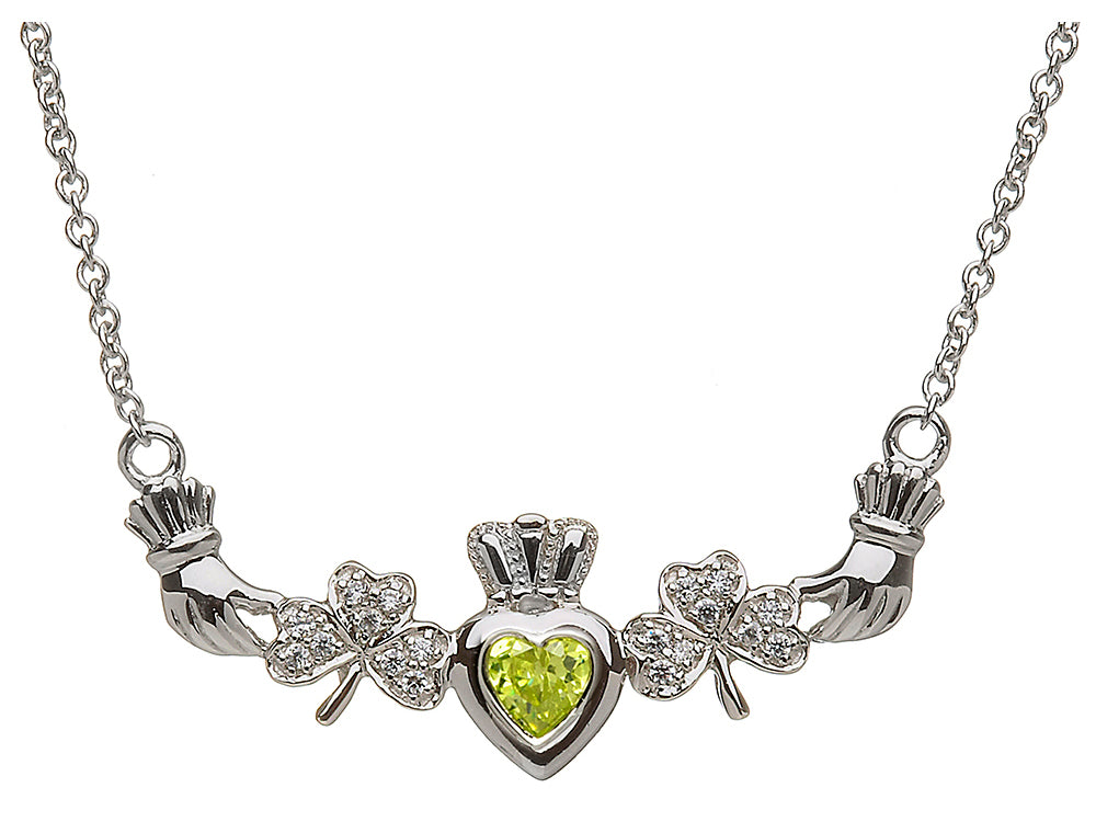 ShanOre Claddagh Shamrock Design with 5mm Simulated Peridot (CZ) Heart Pendant Necklace