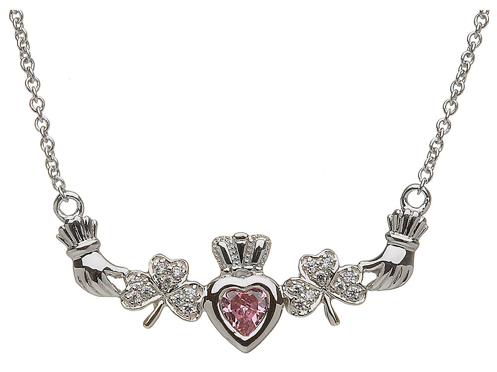 ShanOre Claddagh Shamrock Design with 5mm Simulated Pink Tourmaline (CZ) Heart Pendant Necklace