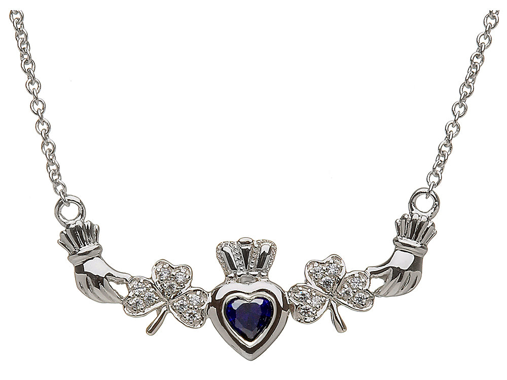 ShanOre Claddagh Shamrock Design with 5mm Simulated Sapphire (CZ) Heart Pendant Necklace