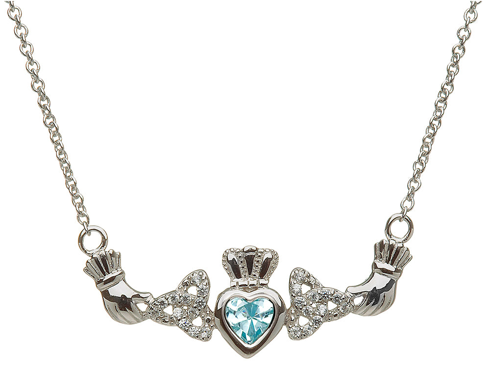 ShanOre Claddagh Trinity Design with 5mm Simulated Aquamarine (CZ) Heart Pendant Necklace