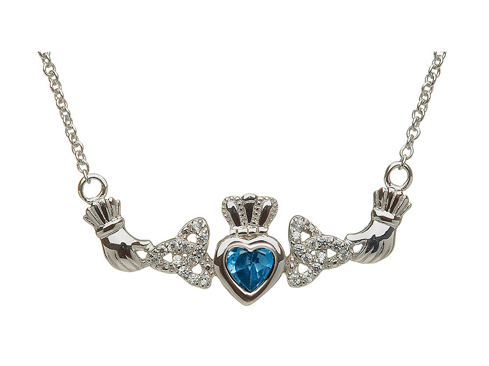 ShanOre Claddagh Trinity Design with 5mm Simulated Blue Topaz (CZ) Heart Pendant Necklace