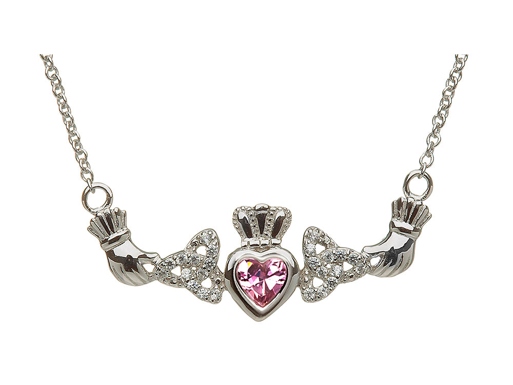 ShanOre Claddagh Trinity Design with 5mm Simulated Pink Tourmaline (CZ) Heart Pendant Necklace