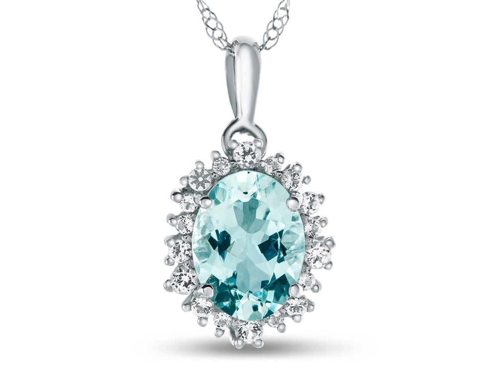 FJC Finejewelers 10k White Gold Oval Aquamarine with White Topaz accent stones Halo Pendant Necklace