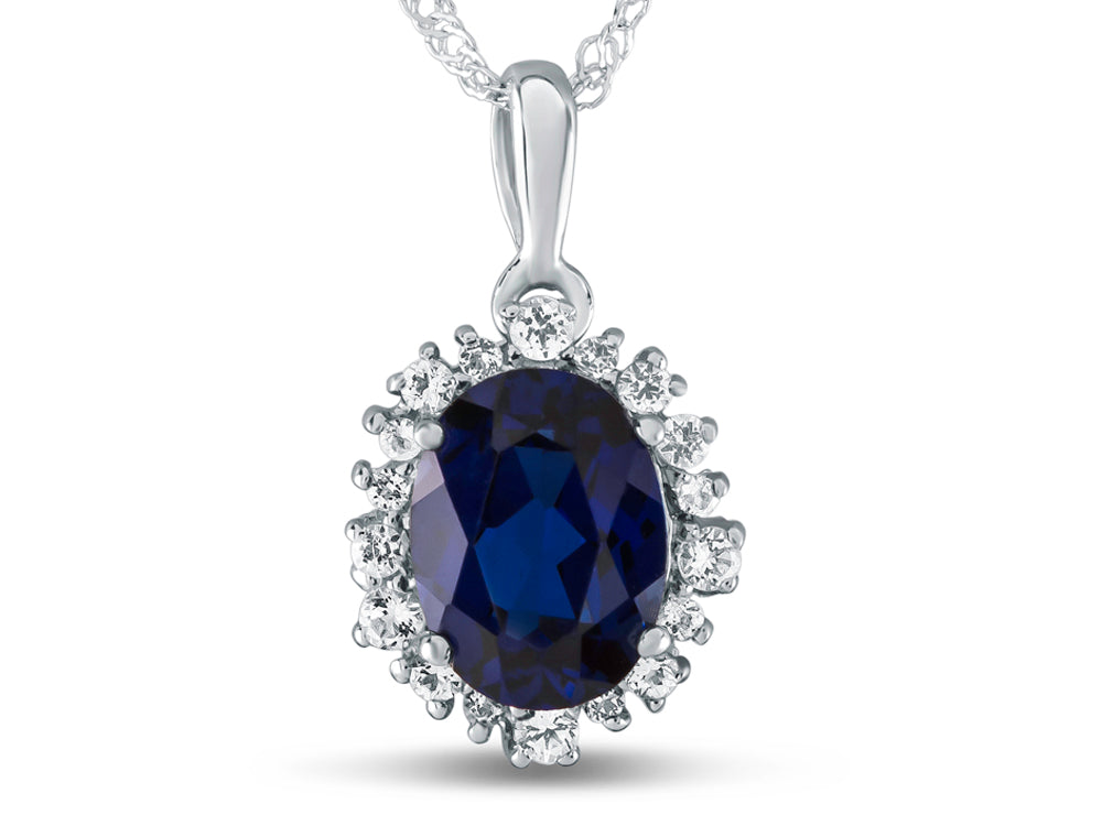 FJC Finejewelers 10k White Gold Oval Created Blue Sapphire with White Topaz accent stones Halo Pendant Necklace