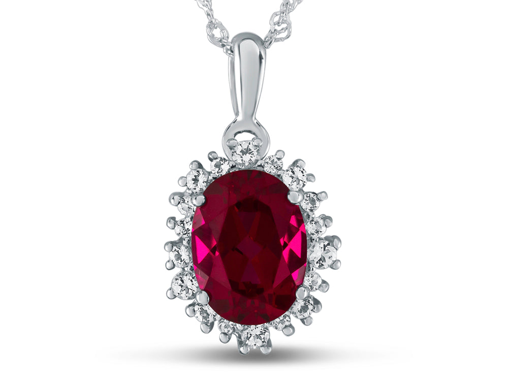 FJC Finejewelers 10k White Gold Oval Created Ruby with White Topaz accent stones Halo Pendant Necklace