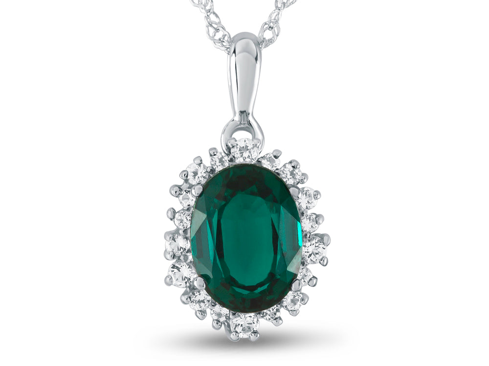 FJC Finejewelers 10k White Gold Oval Created Emerald with White Topaz accent stones Halo Pendant Necklace