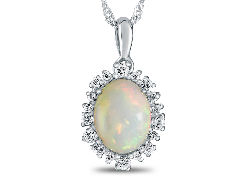 FJC Finejewelers 10k White Gold Oval Opal with White Topaz accent stones Halo Pendant Necklace