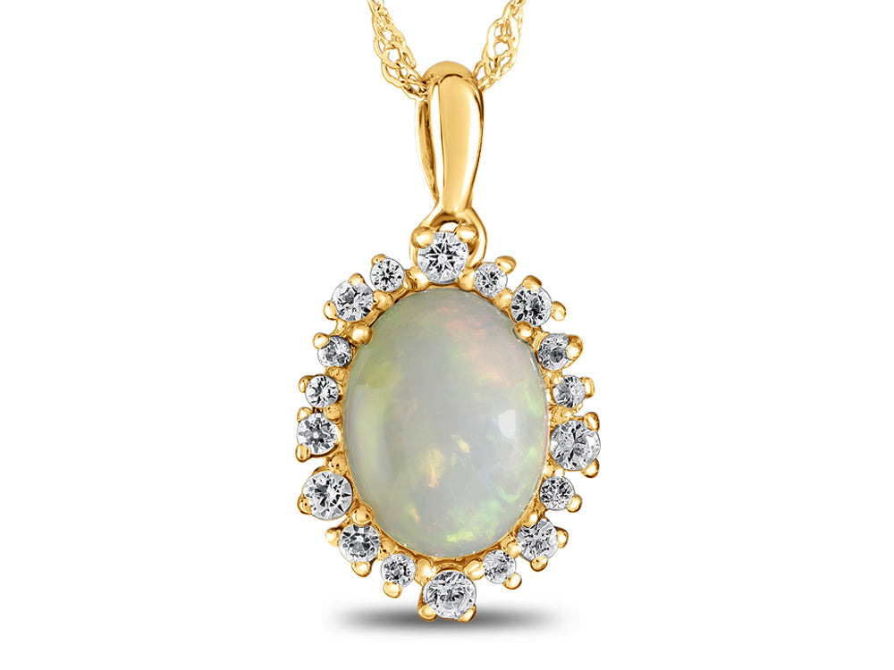 FJC Finejewelers 10k Yellow Gold Oval Opal with White Topaz accent stones Halo Pendant Necklace