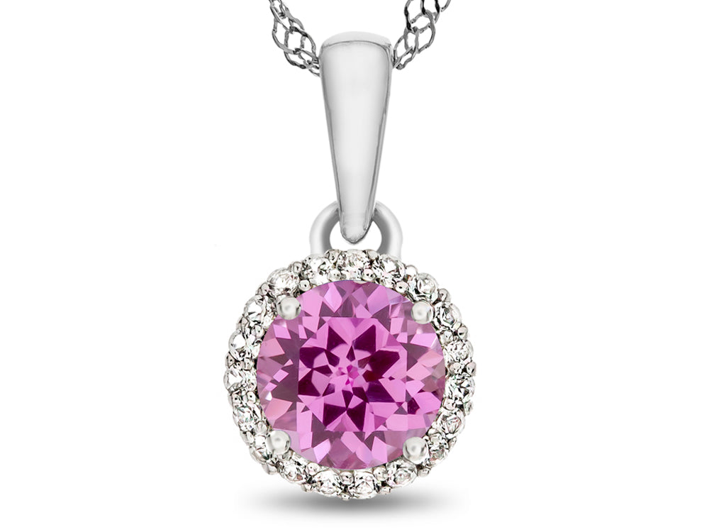 FJC Finejewelers 10k White Gold 6mm Round Created Pink Sapphire with White Topaz Halo Pendant Necklace