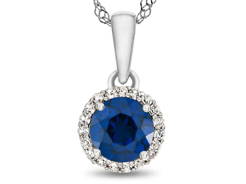 FJC Finejewelers 925 Sterling Silver 6mm Round Created Blue Sapphire with White Topaz stones Halo Pendant Necklace