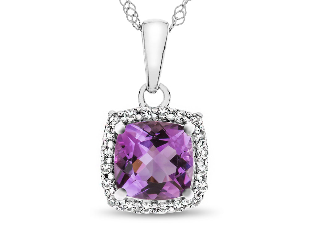 FJC Finejewelers 10k White Gold 6mm Cushion-Cut Amethyst with White Topaz accent stones Halo Pendant Necklace