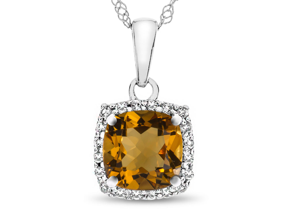 FJC Finejewelers 10k White Gold 6mm Cushion-Cut Citrine with White Topaz accent stones Halo Pendant Necklace
