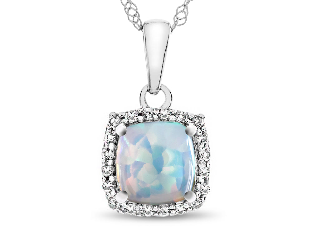 FJC Finejewelers 10k White Gold 6mm Cushion-Cut Created Opal with White Topaz accent stones Halo Pendant Necklace