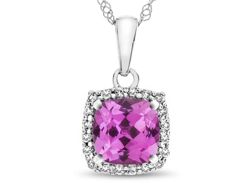 FJC Finejewelers 10k White Gold 6mm Cushion-Cut Created Pink Sapphire with White Topaz accent stones Halo Pendant Neckla