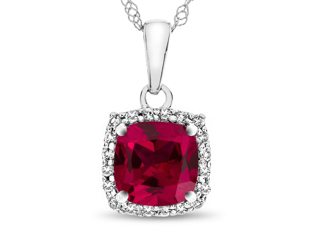 FJC Finejewelers 10k White Gold 6mm Cushion-Cut Created Ruby with White Topaz accent stones Halo Pendant Necklace
