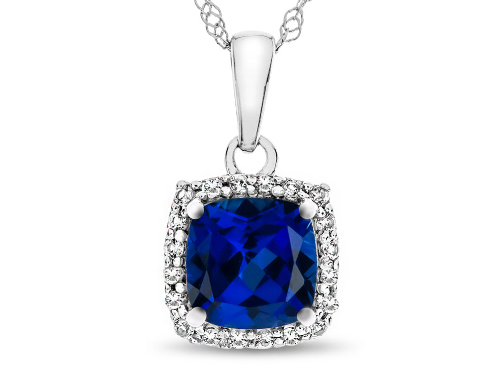 FJC Finejewelers 10k White Gold 6mm Cushion-Cut Created Blue Sapphire with White Topaz accent stones Halo Pendant Neckla