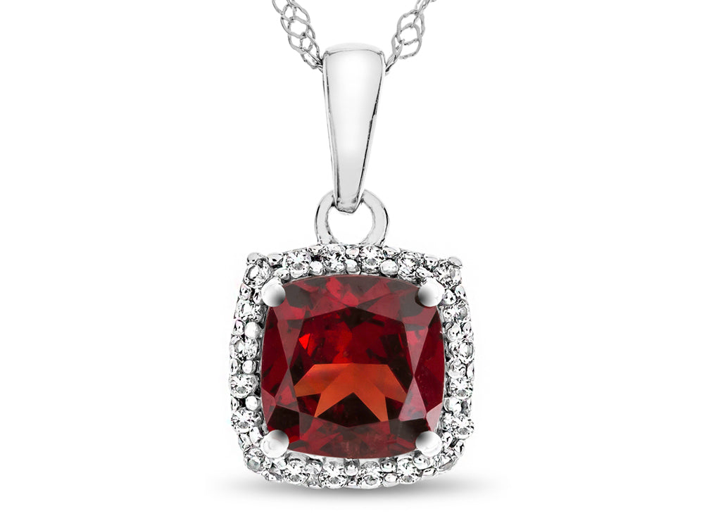 FJC Finejewelers 10k White Gold 6mm Cushion-Cut Garnet with White Topaz side stones Halo Pendant Necklace