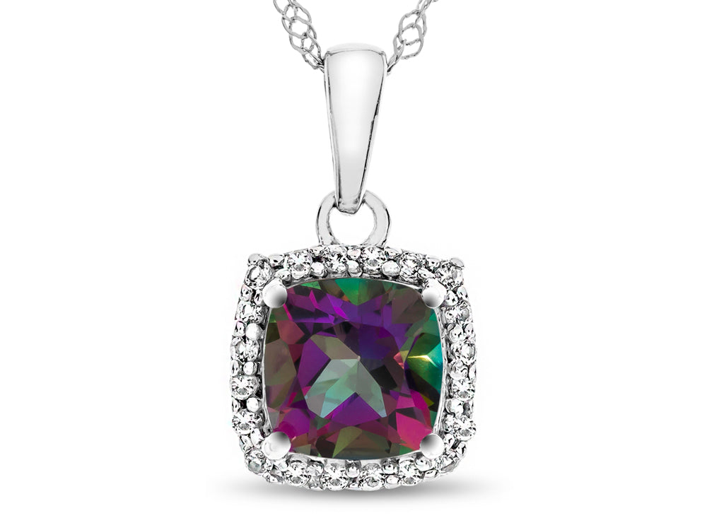 FJC Finejewelers 10k White Gold 6mm Cushion-Cut Mystic Topaz with White Topaz accent stones Halo Pendant Necklace