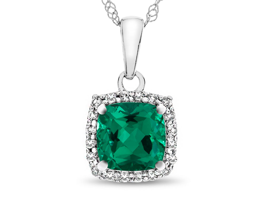 FJC Finejewelers 10k White Gold 6mm Cushion-Cut Simulated Emerald with White Topaz accent stones Halo Pendant Necklace