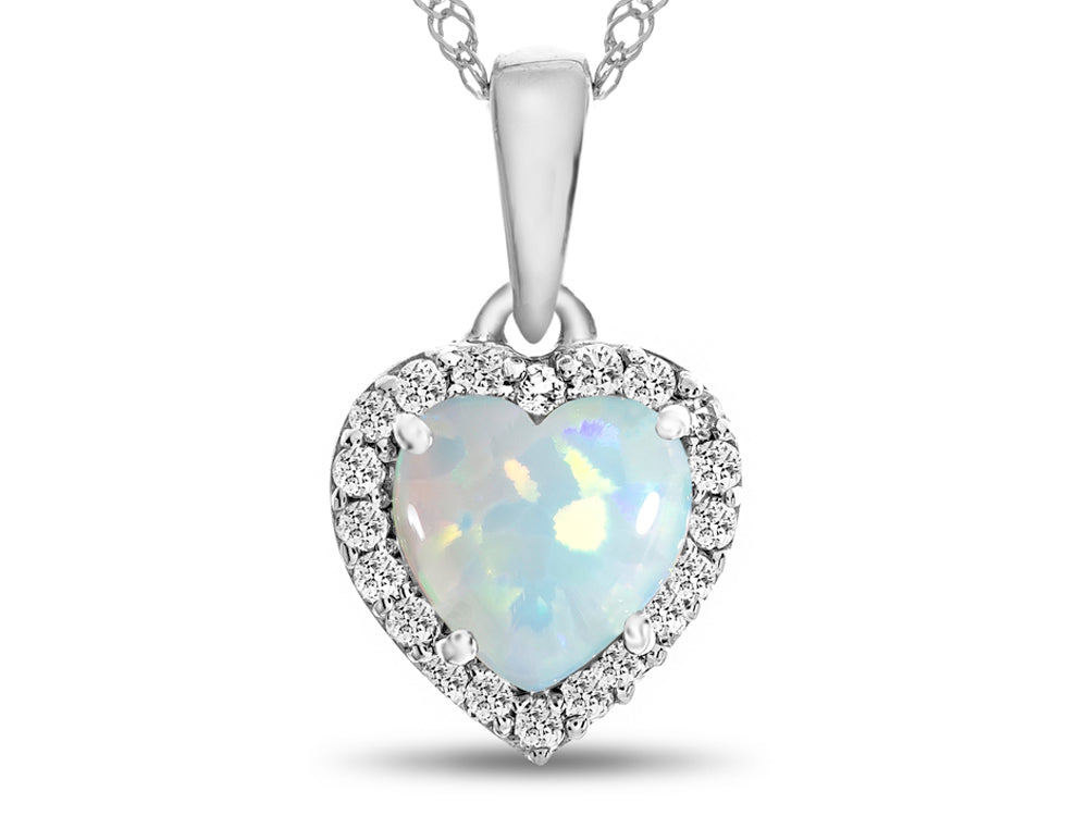 FJC Finejewelers 10k White Gold 6mm Heart Shaped Created Opal with White Topaz Halo Pendant Necklace