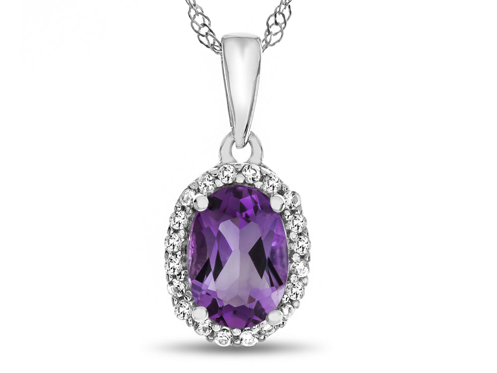 FJC Finejewelers 10k White Gold 7x5mm Oval Amethyst with White Topaz accent stones Halo Pendant Necklace