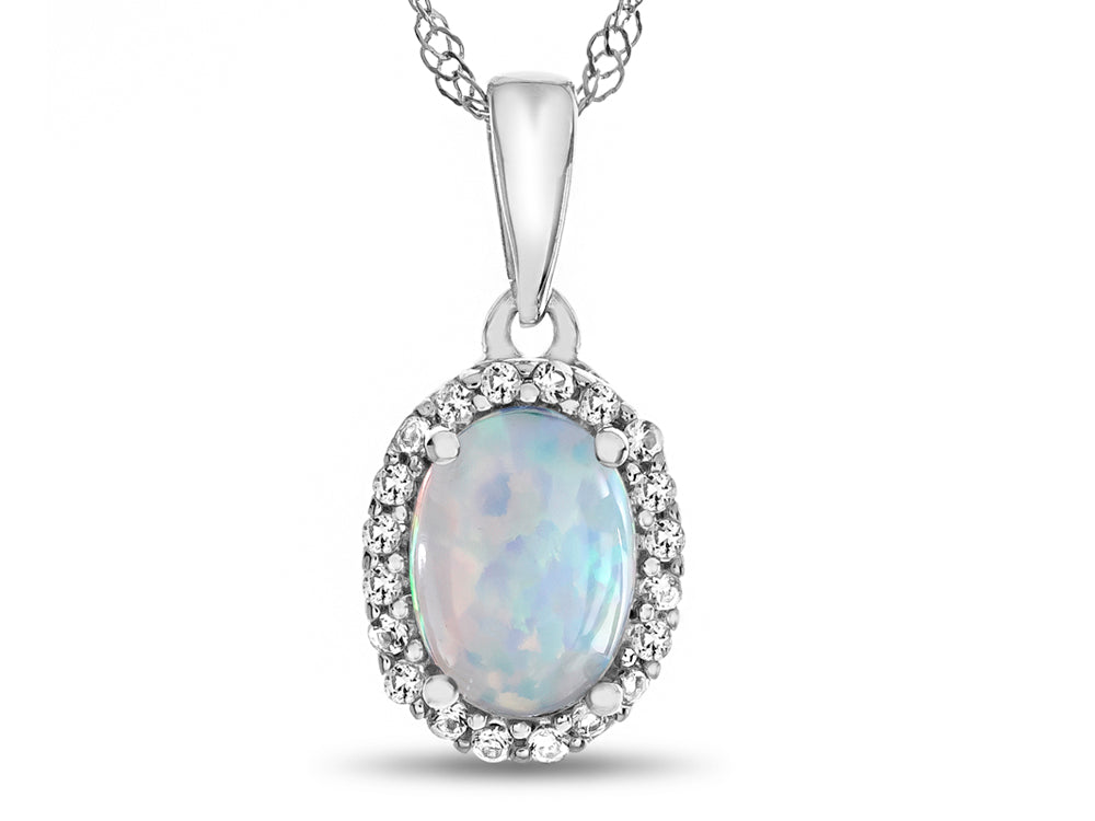FJC Finejewelers 10k White Gold 7x5mm Oval Created Opal with White Topaz accent stones Halo Pendant Necklace
