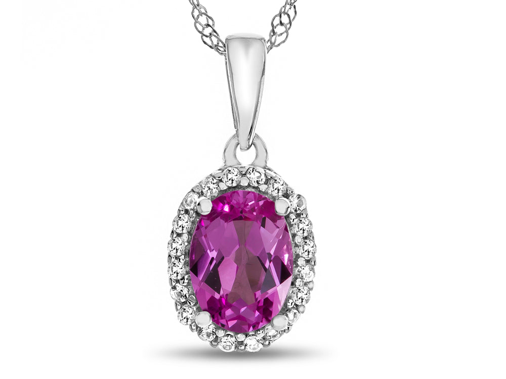 FJC Finejewelers 10k White Gold 7x5mm Oval Created Pink Sapphire with White Topaz accent stones Halo Pendant Necklace