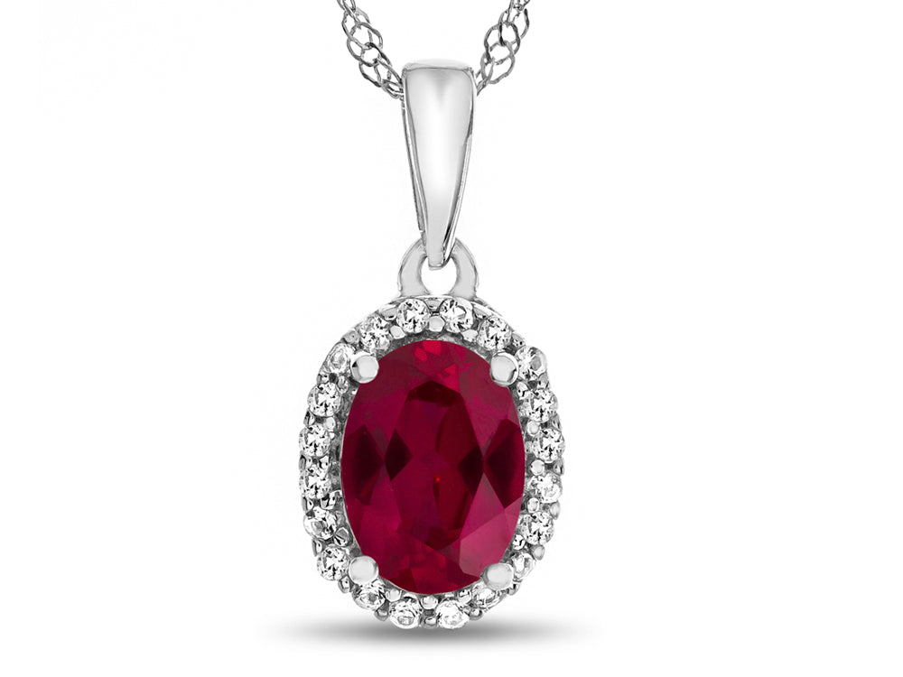 FJC Finejewelers 10k White Gold 7x5mm Oval Created Ruby with White Topaz accent stones Halo Pendant Necklace