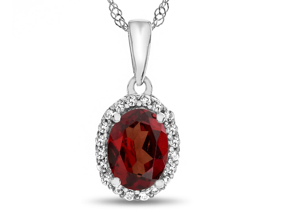 FJC Finejewelers 10k White Gold 7x5mm Oval Garnet with White Topaz accent stones Halo Pendant Necklace