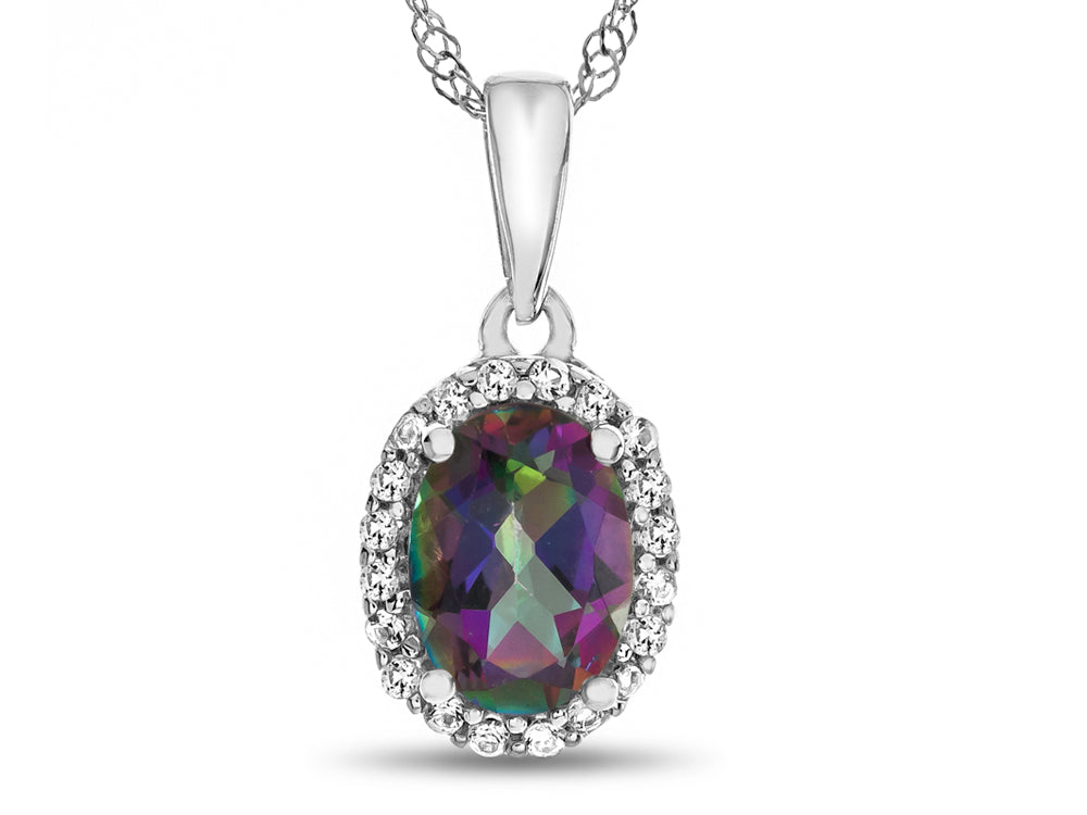 FJC Finejewelers 10k White Gold 7x5mm Oval Mystic Topaz with White Topaz accent stones Halo Pendant Necklace