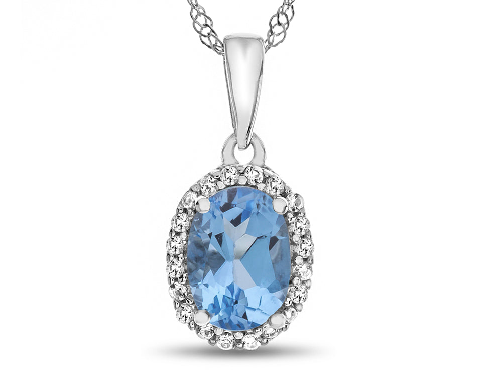 FJC Finejewelers 10k White Gold 7x5mm Oval Simulated Aquamarine with White Topaz accent stones Halo Pendant Necklace
