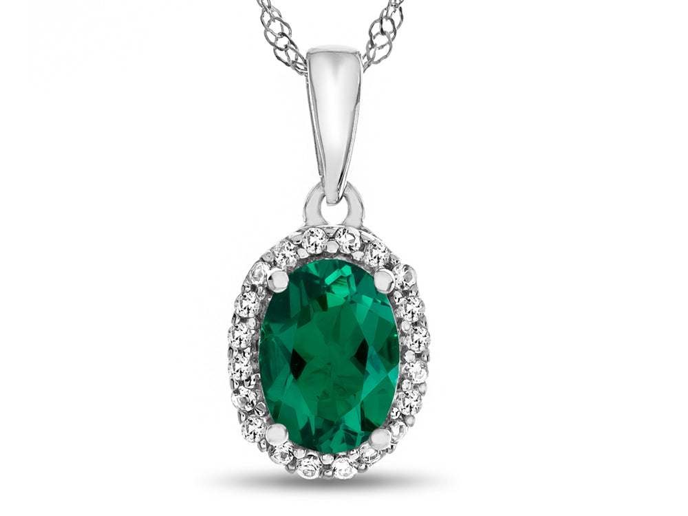 FJC Finejewelers 10k White Gold 7x5mm Oval Simulated Emerald with White Topaz accent stones Halo Pendant Necklace