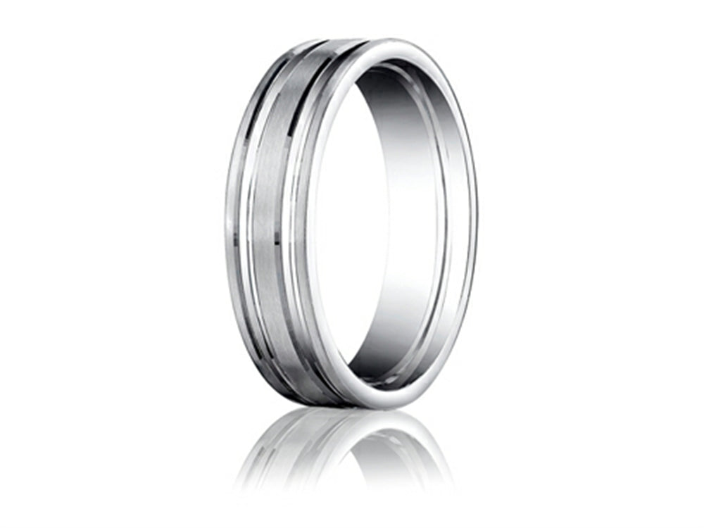 Benchmark Platinum 6mm Comfort-fit Satin-finished With Parallel Grooves Carved Design Wedding Band Ring