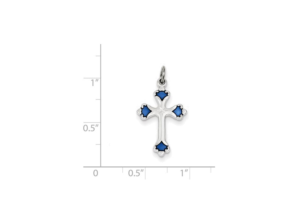 FJC Finejewelers Sterling Silver Blue Enameled Budded Cross Charm
